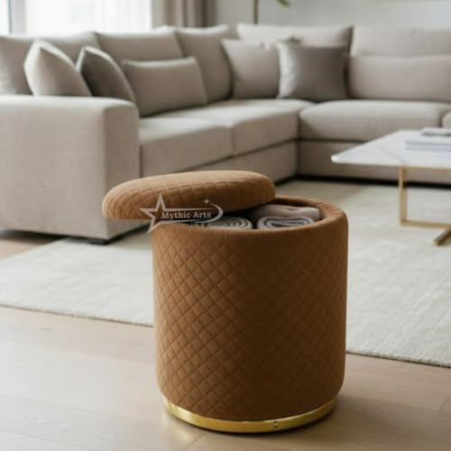 Image of Premium Round Storage Ottoman Stool 13 X 13X 16 inch, with Gold Metal Base | Luxury Pouffe with Hidden Storage | Cushioned Footrest for Living Room, Bedroom & Lounge Brown