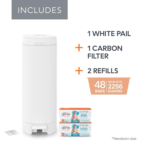 Image of Diaper Genie Deluxe Diaper Pail Gift Set with 2 Easy Roll Refills (48 Bags) | Deluxe stainless steel pail registry gift set includes Easy Roll tear-off bags holding up to 2,256 newborn diapers in total.