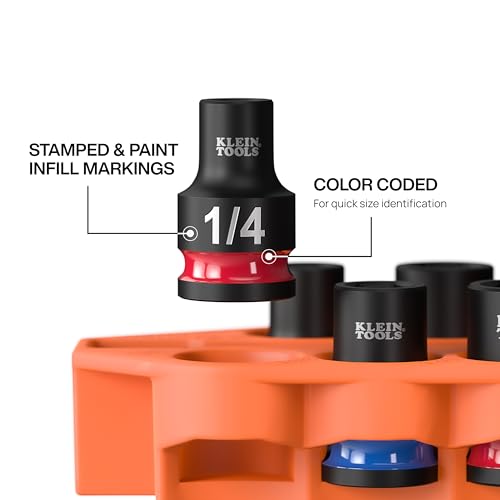 Image of Klein Tools 33809 Grab-And-Go Impact Socket Set, SAE, 10-Piece Set with Sleeve, Carabiner, and 3 /8-Inch Drive, Color-Coded 1 /4, 5 /16, 3 /8, 7 /16, 1 /2, 9 /16, 5 /8, 11 /16, and 3 /4-Inch Sockets