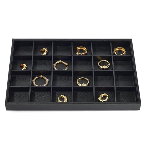 24 Grid Black Leather Jewelry Trays Earring Organizer Tray Jewelry Display Trays Jewelry Drawer Organizer for Ring Earrings Storage Display (Black)