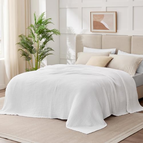 100% Cotton Muslin Blanket Large 50" x 70", 6 Layers Breathable and Lightweight Cotton Blankets for Bed and Couch, Quilt Bedspread, Gauze Throw for Adults, White