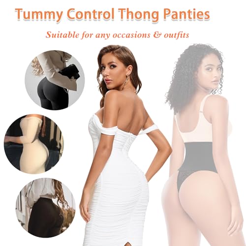 Image of Werena Tummy Control Thong Shapewear for Women Mid High Waisted Body Shaper Underwear Lace Shaping Thong Girdle Panties