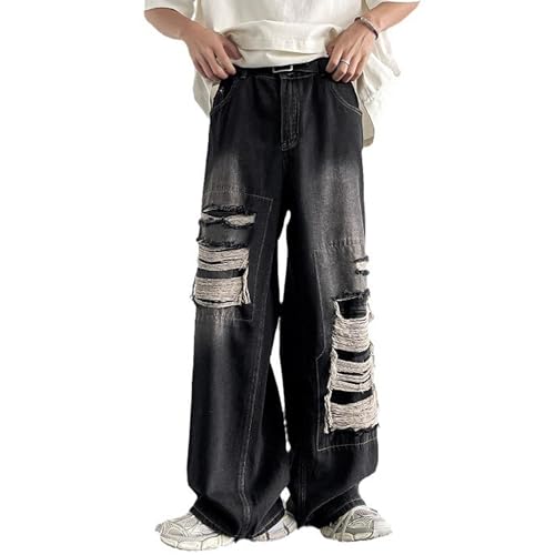 Ripped Baggy Jeans for Men Distressed Y2K Style Wide Leg Denim Pants Grunge Streetwear Fashion Black2