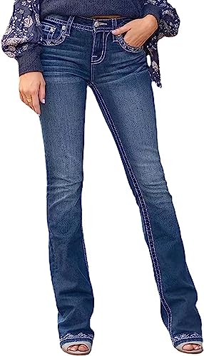 Bootcut Jeans for Women,Stretchy Feather Flower Embroidery Mid Rise Slim Straight Leg Pants Jeans2