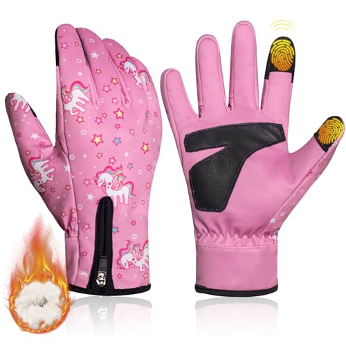 RIGWARL Kids Winter Gloves for Girls, Water-Resistant Warm Thermal Gloves for Kids with Zipper Cuff, Touchscreen Grip Sports Glove Gifts for Cycling Running School Basketball Christmas