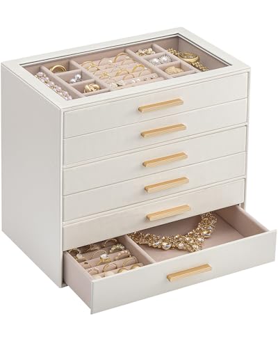 Lolalet Caja Organizadora de Joyas de 6 Niveles con Tapa de Vidrio, Joyero para Anillos Pendientes Pulseras y Collares, Estuche de Almacenamiento para Mujer y Niña, Regalo Elegante – 6 Capas, Beige