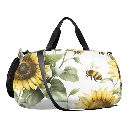 Duffle Bag for Boys or Girls with Shoes Compartment, Sunflower Bee Tile Pattern Sports Travel Bag Overnight2