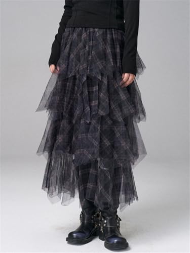 Women Elastic High Waist Tulle Black Plaid Irregular Layers Mesh Cake Midi Skirt Loose Festival Skirts4