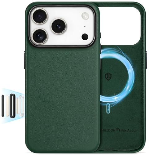 Image of SHIELDON Genuine Leather Case for iPhone 17 Pro 6.3 inch 2025, Midnight Green | Compatible with MagSafe, Magnetic Wireless Charging, Camera Button, Metal Buttons, Camera Bezel, Slim, Shockproof, Women Men