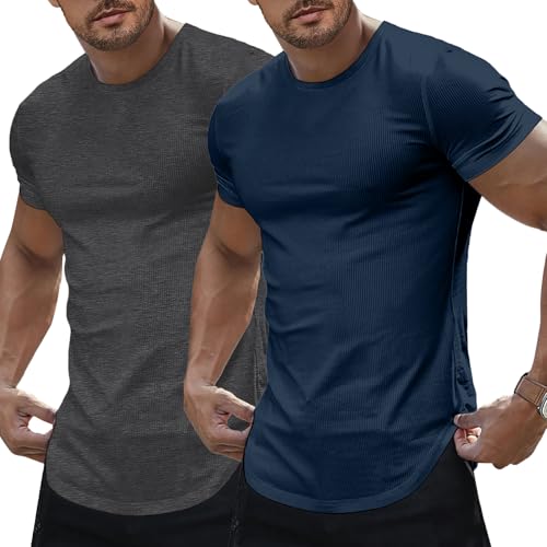 Image of JMIERR Mens Short Sleeve T Shirt Summer Muscle Slim Fitted Crewneck Longline Tees Shirts for Gym Workout