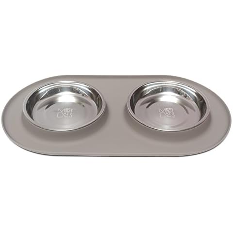 Messy Cats Double Silicone Feeder with Stainless Saucer Shaped Bowl | Anti-Slip Non-Skid Cat Food Bowls | Two Cat Bowls in Feeding/Water Station | 1.75 Cups per Bowl (Grey) Cover