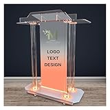 Church Pulpit,Logo&Text Personalization Pulpit with Wheels,Led Acrylic Church Podium with Rollers& Vertical Reading Platform, 46”Transparent Lecterns for Churches, Classroom