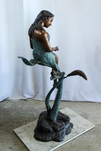 Estatua de bronce niña sentada en vid con pájaro 26x24x53 in miniatura 4