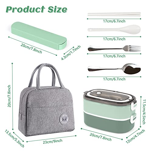 Image of 2 Tier Lunch box Bento Box with 3 Compartments & Cutlery, Leakproof Bento Lunch Box for Adult Kids, Food Storage Portable Lunch Box with Lunch Bag for Work School