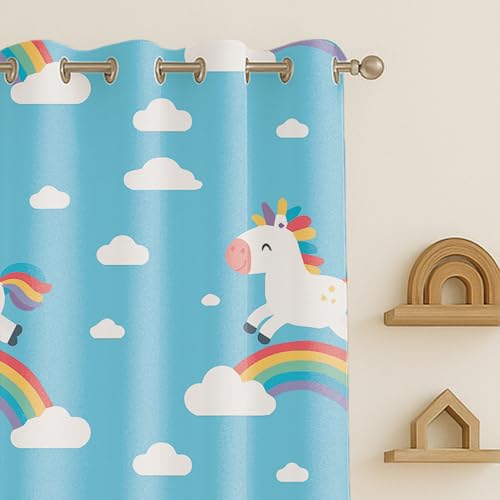 Image of STITCHNEST Velvet Kids Curtains Pack of 2 | Unicorn & Rainbow Print | Semi Blackout Curtains for Nursery, Girls Room & Toddler Bedroom | 7 Feet