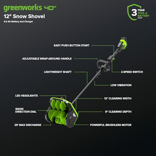 Image of Greenworks 40V 12in Brushless Snow Shovel with LED Light, Directional Chute Control, and Enclosed Battery Cover with 4.0Ah Non-USB Battery and 2A Single Port Charger
