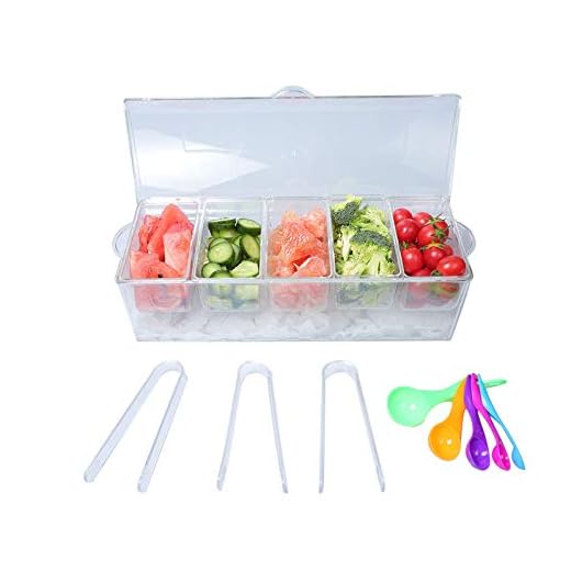 MorTime Ice Chilled Condiment Server with 5 Removable Compartments, Clear Sauce Caddy Serving Tray Container with Lid, Set of 5 Serving Spoons & 3 Tongs Included