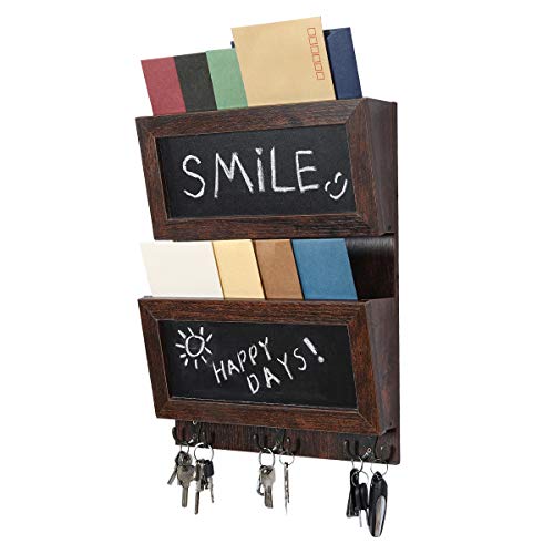 Pag 2-Slot Wall Mount Mail Organizer Hanging Wood Letter Sorter Paper Holder Rack With Chalkboard And 3 Double Key Hooks For Office, Brown #TOP1