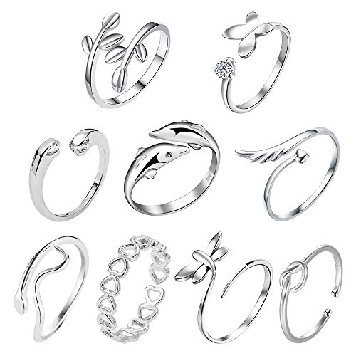 TUPARKA 9Pcs Silver Adjustable Rings Set Knot Adjustable Finger Ring Joint Ring Toe Ring Beach Jewelry Gifts for Women Girls