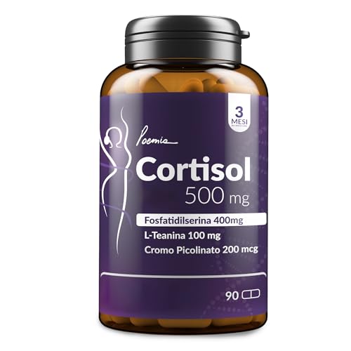 CORTISOL Abbassare il Cortisolo 500mg Fosfatidilserina 400mg + L-Teanina 100mg + Cromo Picolinato Integratore Memoria e Concentrazione 90 Capsule Poemia