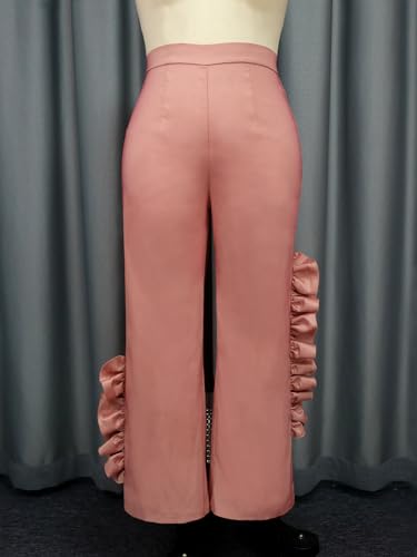 AOMEI Women's Pink Shiny High Waist Ruffled Trim Pants Straight Leg Bottoms Trousers3