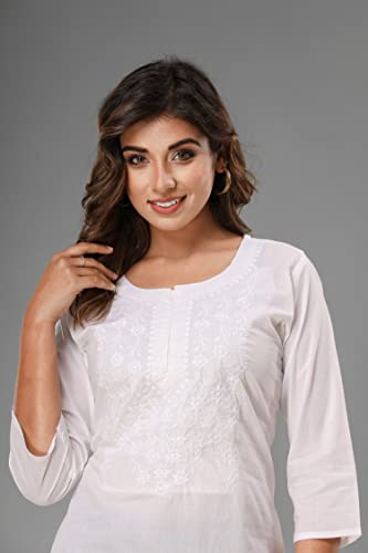 Image of Lucknowi Chikan Embroidered Short Casual White Kurti for Women