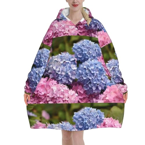 Sweat à capuche plaid flanelle unisexe à poches pull couverture motif hortensia