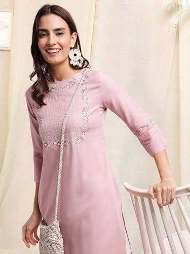 Image of MIRCHI FASHION Women's Straight Fit Rayon Sequins Embroidered and Polka Dots Printed Kurti Only