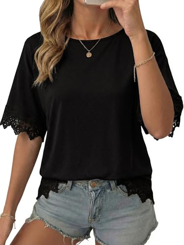 Dokotoo Summer Tops for Women 2026 Casual Crewneck Short Sleeves T Shirts Off Shouler Oversized Tshirts Basic Tee Fashion Outfits Black Large