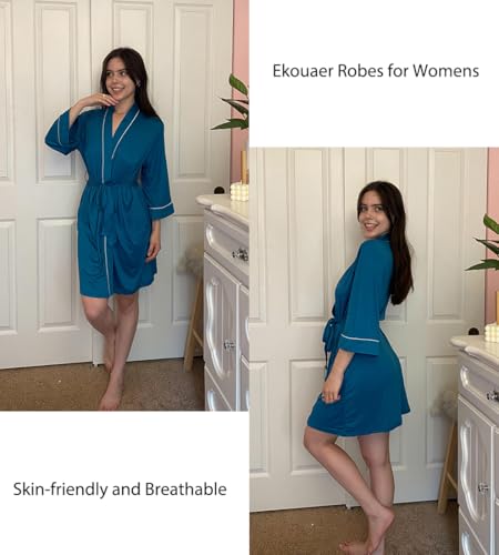 Image of Ekouaer Women Kimono Robes Knee Length Knit Bathrobe Lightweight Soft Sleepwear V-neck Casual Ladies Loungewear