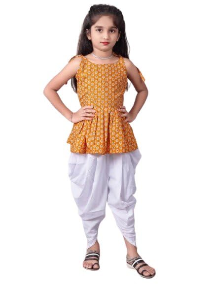 Image of Girls Ethnic Printed Peplum Top and White Dhoti Pant Set | Stylish Sleeveless Kurti with Comfortable Bottom | Traditional Festive Outfit for Kids
