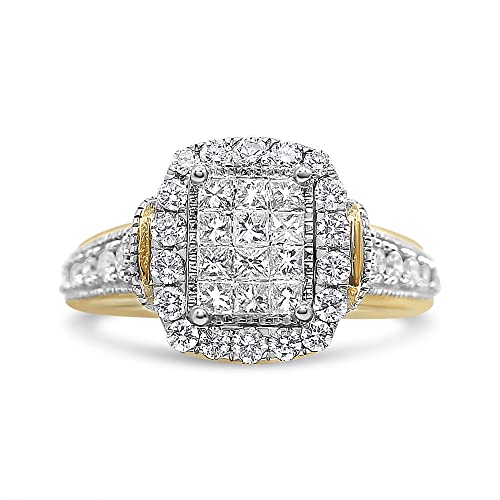 Haus of Brilliance 14K Yellow and White Gold 1.00 Cttw Princess and Round Cut Emerald Shaped Halo Diamond Cluster Ring (SI1-SI2 Clarity, H-I Color) - Size 8