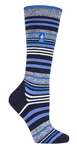 Image of Heat Holders LITE - Ladies Thermal Ultra Thin Funky Ski Socks - Knee High Length with Padded Heel & Toe (4-8 UK, Dark Blue Stripe)