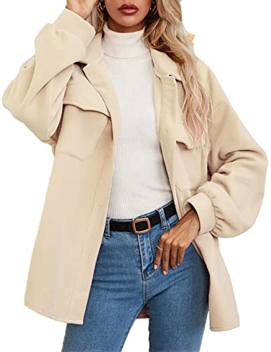 Peaceglad Women's Solid Color Casual Flannel Pea Coat Long Sleeves Lapel Single Breasted Jacket Outwear With Pockets(Apricot,Xl) #TOP6