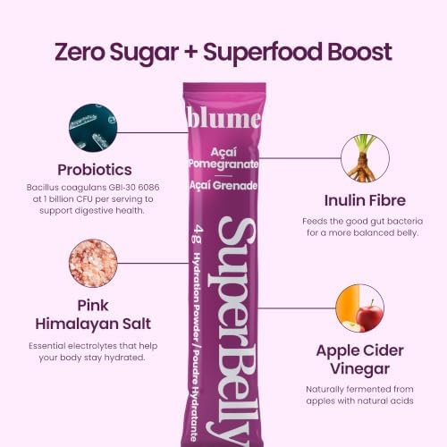 Blume SuperBelly Gut Health + Hydration, Daily Sugar Free Probiotics, Inulin Fiber, and Hydrating Minerals Powder Packets for Digestion Support - Açai Pomegranate, 15 Sticks - 3