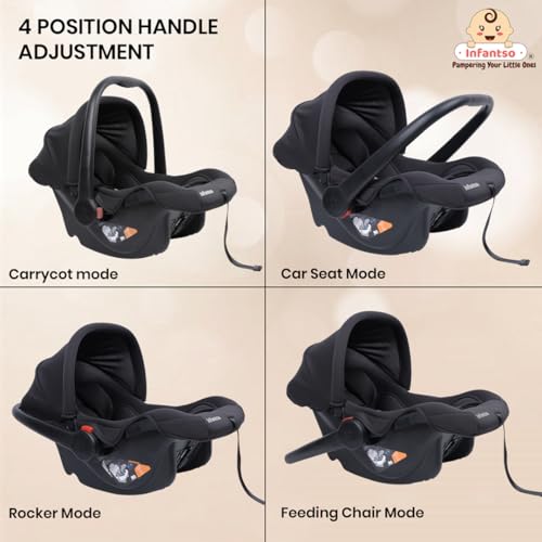 Image of Infantso (4-in-1) Baby Carry Cot (ECE R44 /04 Certified), Car Seat, Feeding Chair & Rocker for Infant Babies of 0 to 15 Months | Adjustable Handle, Canopy, Washable Cover | Baby Car Seat with 3-Point Safety Harness - Upto 13 Kgs (Black)