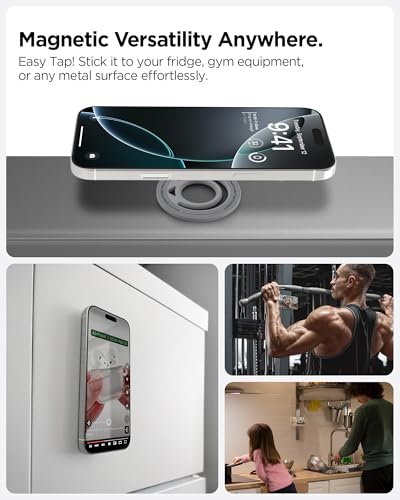 Image of Spigen Dual Pop Magsafe Ring Holder, Double Sided Magnet with Finger Loop Grip Compatible with iPhone 17 /16 /15 /14 /13 /12 Models, Pixel 10 Series [Soft Silicone Texture] [Strong Magnet] - Gray