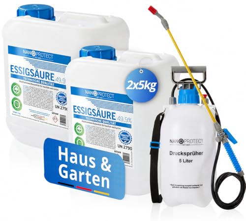 Nanoprotect Essigsäure 49 9% Klimaneutral | 10 kg + Drucksprüher | Ideal als Reiniger und Entkalker | Für Haus und Garten | Premium Qualität Made in Germany