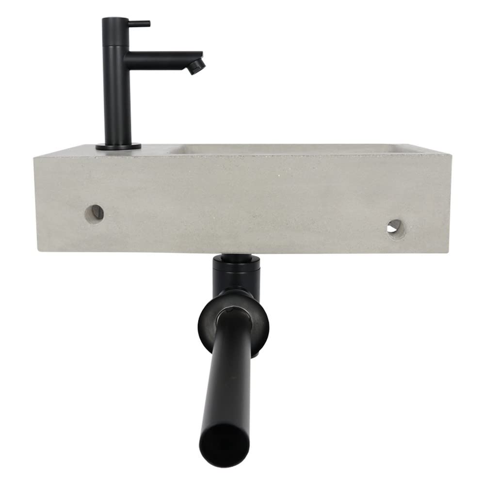 Differnz Jukon Lavabo - Lave main Béton Gris Clair - Robinet Droit Noir Mat - Ensemble Complet - 38,5 x 18,5 x 9 cm