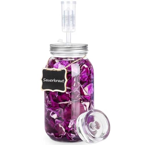 Image of Supvox 32oz Fermentation Jar Kit Air Tight Glass Jar with Stainless Steel Lid and Clear Glass Weights, One-way Exhaust Valve Design, Wide Mouth Glass Container for Pickling, Sauerkraut, Kimchi & Food