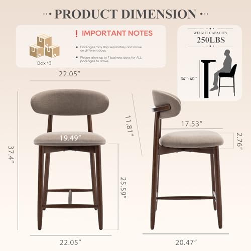 Image of Upholstered Counter Height Bar Stools Set of 6, Kitchen Island Stools with Back, Modern Counter Stools Island Bar Chairs with Wood Legs for Kitchen Island Dining Room Bar, Camel