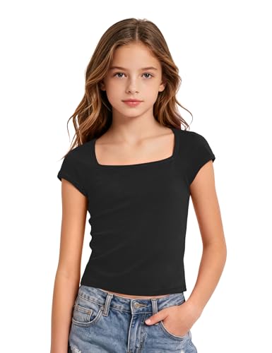 Image of Crop Tops for Girls Short Sleeve Shirt Girls Summer Tops Square Neck Slim Fit Tops Basic Tee