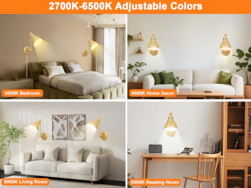Image of GOODATE 2 Pack Plug in Wall Sconces with Remote Control, Dimming, Adjustable Colors 2700K-6500K, Swing Arm Wall Lamps with Night Light & Timer, Plug-in or Hardwired, LED Bulbs Included, Oak Finish