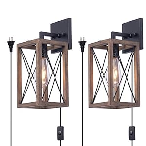 Viluxy wood wall sconces retro industrial rectangle bedside wall sconce plug in cord with switch lighting fixture black wall lamp for bedroom hallway entryway passway dining room 2 pack  urban country home decor
