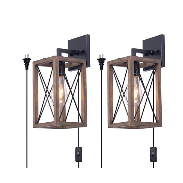 Viluxy wood wall sconces retro industrial rectangle bedside wall sconce plug in cord with switch lighting fixture black wall lamp for bedroom hallway entryway passway dining room 2 pack  urban country home decor