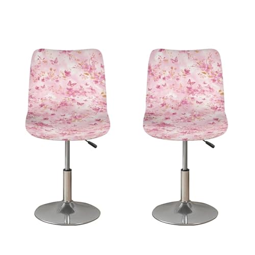 Image of Cherry Blossom Pink Butterfly Bar Stool Cover Stretch Counter Stools Pub Chair Slipcover for Dining Room Removable Anti-Scratches Spills Chair Covers for Dining Room Chairs Set of 2