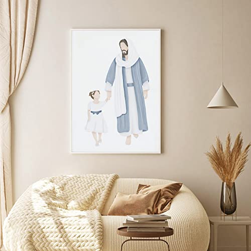 Christian Religion Wall Art Modern Religious God Poster Christian Jesus Picture Bule White Artwork Jesus And Little Girl Wall Art Abstract Jesus Watercolor Painting For Living Room 16X24Inch Unframed #TOP2