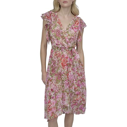 DKNY Women's Short Flutter Sleeve Surplice Neck Removable Belt Faux Wrap Dress