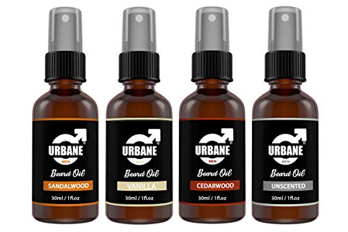 Urbane Men Set of 4 Beard Oil Collection | Natural & Organic Ingredients | Cedarwood, Sandalwood, Vanilla, Unscented | 4 x 30ml Giftset