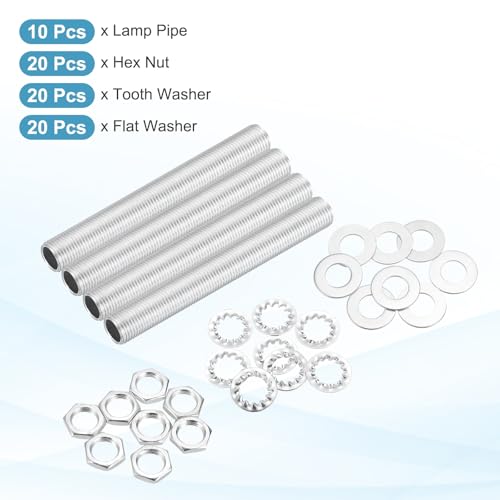 Image of MECCANIXITY 70Pcs 3.3 inch Lamp Pipe Nipples Kit with Hex Nuts Washers, M10 Fine Threaded Hollow Tube Repair Hardware Fasteners Assortment for Assembly Chandelier Ceiling Lamp DIY, Silver